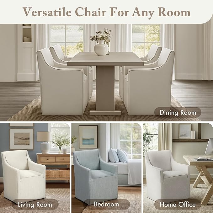 Madison Park Dining Chair with Hidden Casters, 20" Thick Seat Foam Cushion, Upholstered, Padded, Modern Farmhouse Dining Chair, Fully Assembled, Charlotte, 34" H, Cream