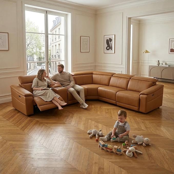Power Recliner Sectional Sofa, L-Shaped Living Room Furniture Set, Light Brown Leather Sofa, Reclining Sectional Couch with Storage Console/Cup Holder for Living Room/House/Apt