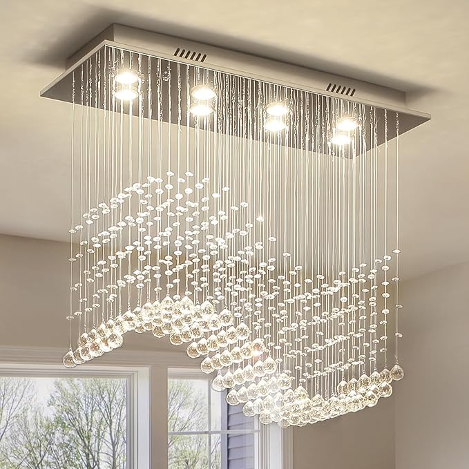 Siljoy 8-Light Modern Wave Raindrop Crystal Chandelier, Luxury Chrome Rectangular Flush Mount Crystal Pendant Ceiling Light for Dining Living Room Kitchen Island L31.5'' x W12'' x H28''