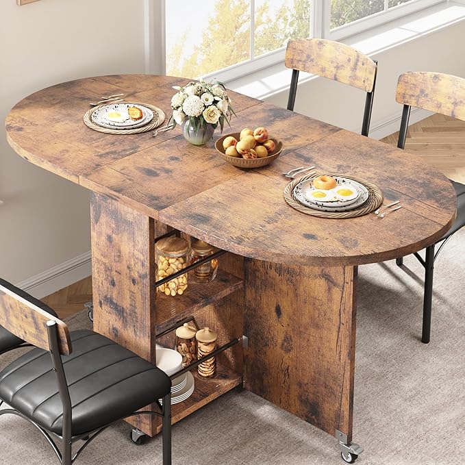 Round Folding Dining Table for 6, Space Saving Drop Leaf Kitchen Table with Storage Drawer, 6 Wheels Oval Gateleg Foldable Dining Table for Small Spaces (Vintage, 51" x 31.5" x 30")