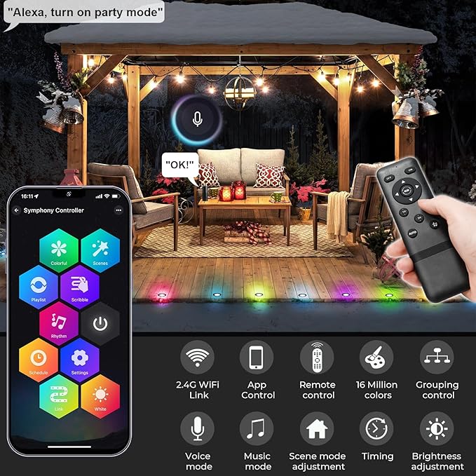 LED Deck Lights Kit, 6 Pack 1.77" RGBW+IC Multicolor Dynamic Low Voltage Recessed Landscape Lights, IP67 Waterproof 12V Step Light Outdoor for Garden Yard Path Ground Stairs, Work with Alexa/Google
