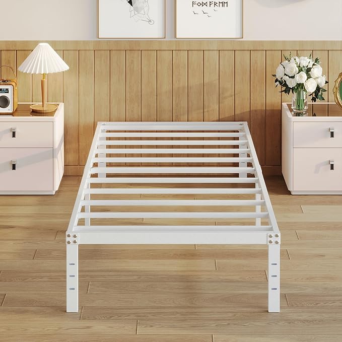 14 Inch Twin Bed Frames No Box Spring Needed, Heavy Duty Metal Twin Platform Bed Frame with Large Underbed Storage Space, Noise Free, Easy Assembly, White