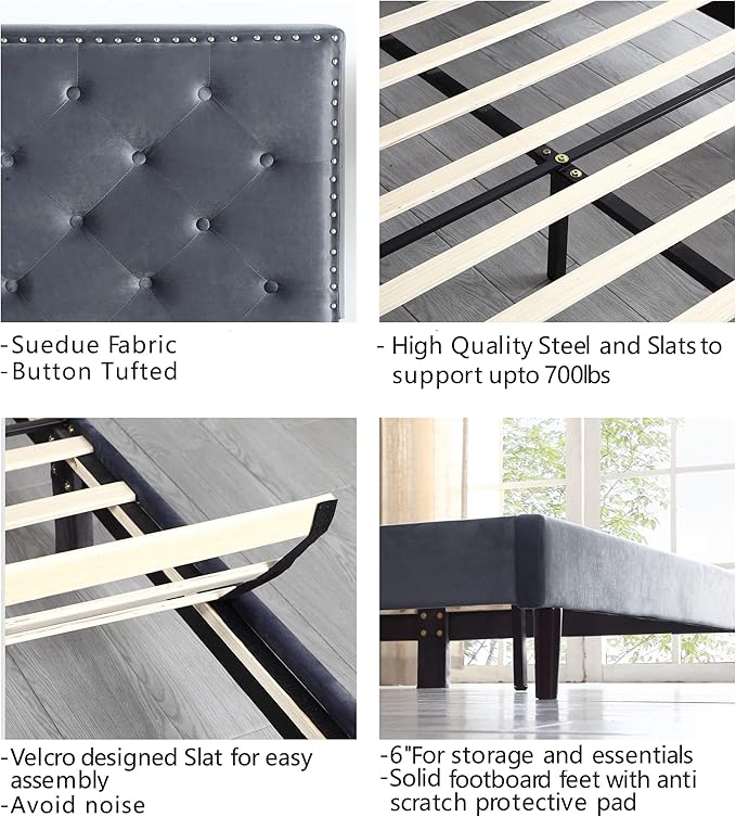 Full Upholstered Platform Bed Frame with 48" Tall Adjustable Headboard - Button Tufted Suede Velour Bed- Wood Slat Support with Storage Space - No Box Spring Needed - Grey - OLIVER & SMITH - Princeton