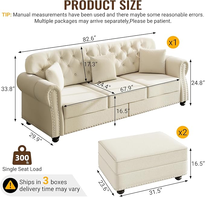 KEIKI 83" Velvet Chesterfield Sofa with Rolled Arms & Nailhead Trim & 2 Ottoman, Modern 3-Seater Button Tufted Couch with High Resilience Cushion & 3 Pillow, Easy Assembly, for Living Room, White