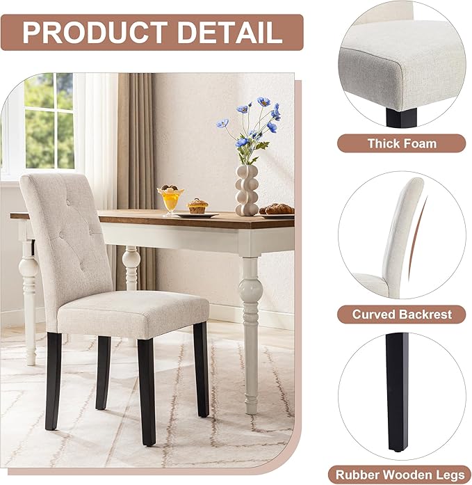 VECELO Upholstered Dining Chairs Set of 2, Modern Fabric and Solid Wood Legs & High Back for Kitchen/Living Room- Beige