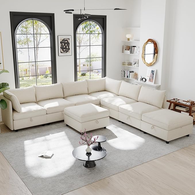 129-Inch Oversized 8 Seat Modular Cloud Sofa Deep Seat Storage Sectional Sofa Couch Free Combination W/Movable Ottomans,L/U Shaped Chenille Upholstered Convertible Sleeper Couch for Home Apartment | Space Saving
