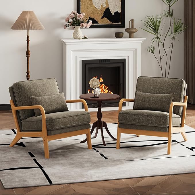 Modern Accent Chair Set of 2 with Lumbar Pillow, Relaxing Mid Century Chair Armchair with Solid Wood Frame & Soft Cushion, Reading Leisure Armchair for Living Room, Green