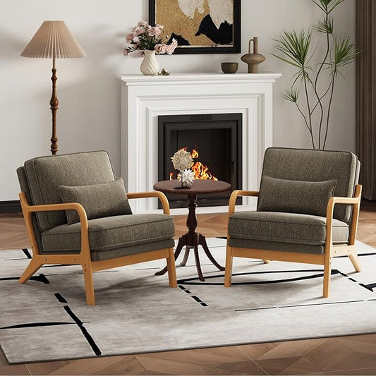 Modern Accent Chair Set of 2 with Lumbar Pillow, Relaxing Mid Century Chair Armchair with Solid Wood Frame & Soft Cushion, Reading Leisure Armchair for Living Room, Green