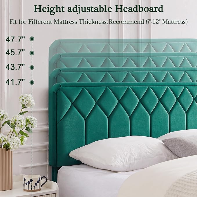 VECELO Full Size Bed Frame Premium Velvet Upholstered Platform with Height Adjustable Headboard/Mattress Foundation, Solid Wooden Slat Support, No Box Spring Needed/Easy Assembly
