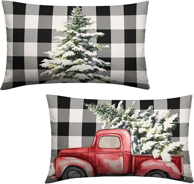 Christmas Lumbar Pillow Covers 12x20 Set of 2 Black and White Buffalo Plaid Red Truck Christmas Tree Decorative Throw Pillow Covers Xmas Winter Holiday Pillow Case for Outdoor Couch Patio