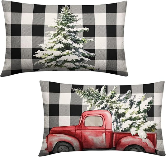 Christmas Lumbar Pillow Covers 12x20 Set of 2 Black and White Buffalo Plaid Red Truck Christmas Tree Decorative Throw Pillow Covers Xmas Winter Holiday Pillow Case for Outdoor Couch Patio