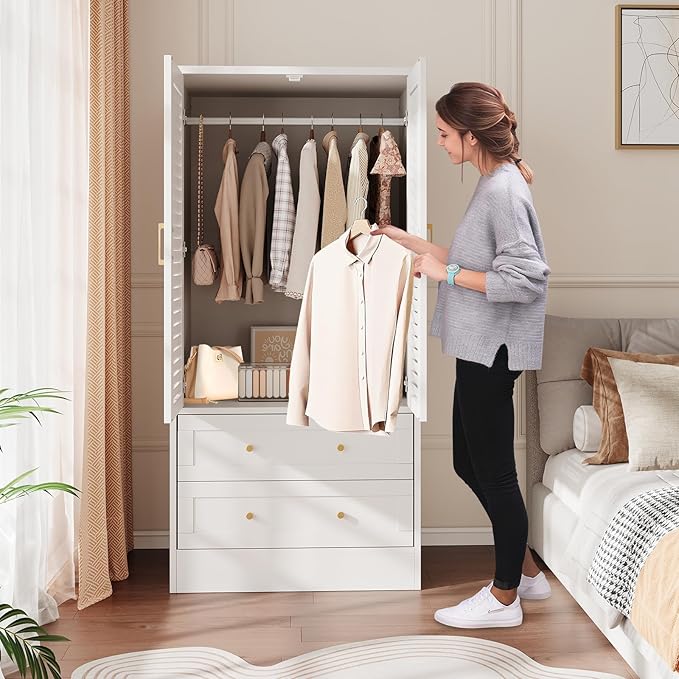 65" Louvered Armoire Wardrobe Closet, Wood Clothing Storage Cabinets with 2 Doors and 2 Drawers, Wooden Wardrobe Closet with Hanging Rod for Bedroom, Cloak Room, Laundry Room, Entrance Hall, White