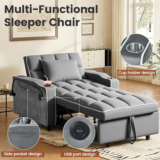 Convertible Sleeper Chair Bed, Pull Out Chair Sleeper with Bracket and Cup Holder, Chairs Bed Sleepers for Adults, 3 in 1 Sofa Bed Chairs for Small Spaces, Living Room, Gray