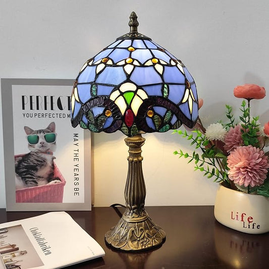 Tiffany Table Lamp 3-Way Light Handmade Bedside Lamp Small Desk Night Lamp Stained Glass Antique 15inch Tall Desk Light for Home Office Bedroom Living Room Study Room, Blue