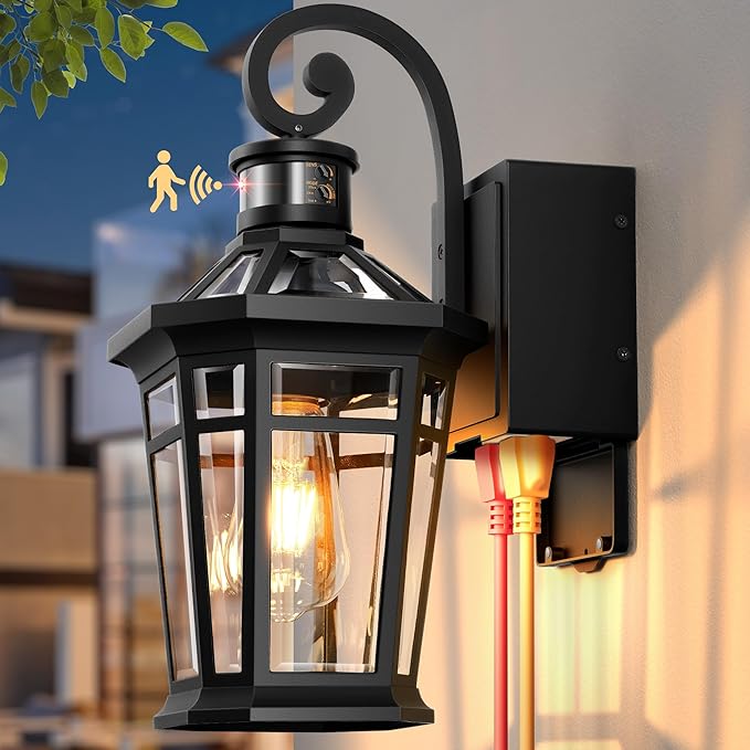OPAIXS Motion Sensor Outdoor Wall Lights with Outlet, Black Front Porch Light with GFCI Outlet, Modern Coach Lights for Garage, Waterproof Exterior Wall Sconce Lantern, E26 Outside Wall Light Fixture