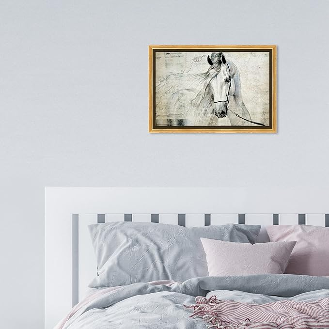 Country Farmhouse Canvas Print Painting Animal Wall Art 'Southern White Horse' Gold Framed Canvas Rustic Home Décor 15x10 in Gray, Brown by Oliver Gal