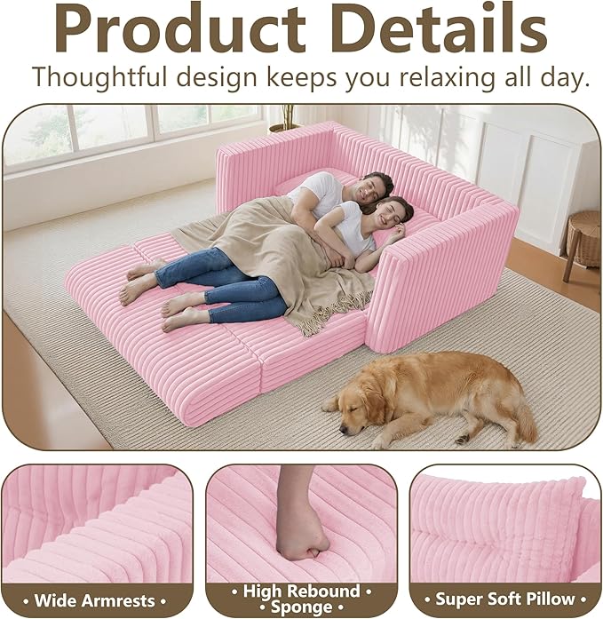 HABUTWAY Folding Sofa Bed, 2 in 1 Convertible Sleeper Chair with Pillow, Portable Fold Out Chair Bed with Armrest, Comfy Floor Couch, Lazy Sofa for Living Room Bedroom Dorm Home Office, Pink