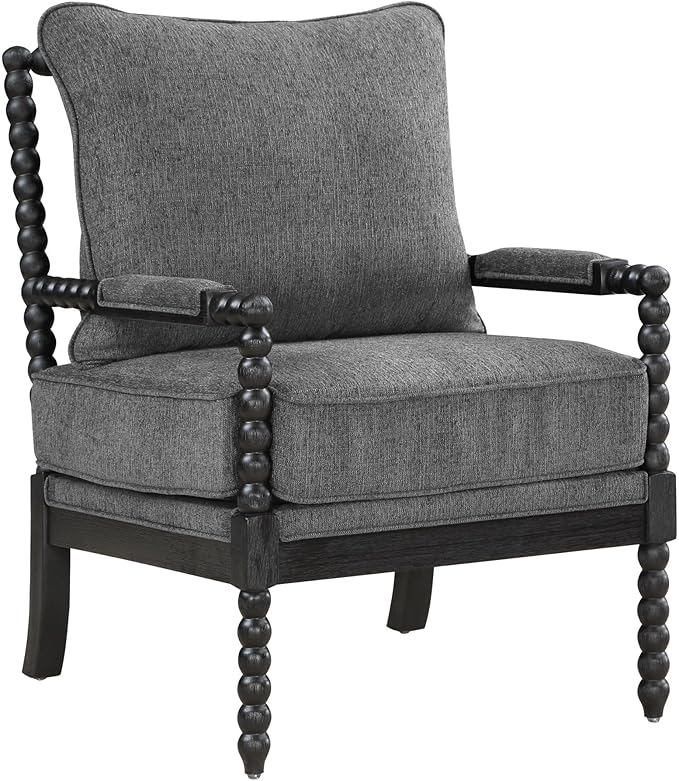 OSP Home Furnishings Eliza Spindle Accent Chair, Charcoal Grey Fabric with Black Wood