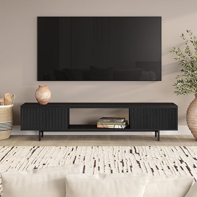 Henn&Hart Fluted TV Stand for TVs up to 78" with 2 Ribbed Side Storage Cabinets and Open Center Storage for Living Room, Family Room, or Office, Natural Black