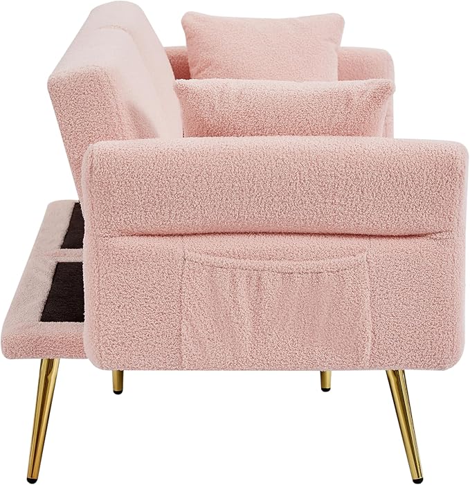 Eafurn Teddy Futon Sofa Bed Modern Folding Futon Set Convertible Recliner Lounge Sleeper Couch with Adjustable Armrest and Backrest for Living Room Apartment | Golden Legs, Wood Frame, Side Pockets