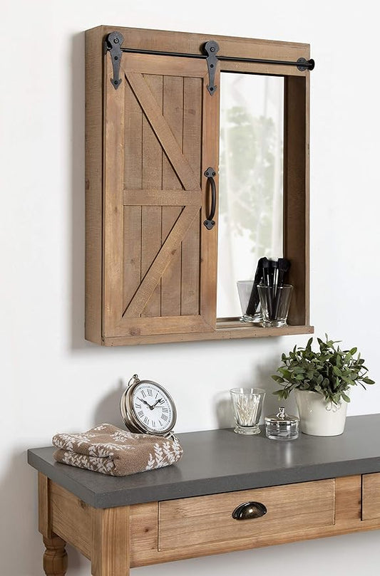 Kate and Laurel Cates Decorative Wood Wall Storage Cabinet with Rectangle Mirror and Sliding Barn Door, 22 x 28, Rustic Brown, Farmhouse Decor for Wall Storage