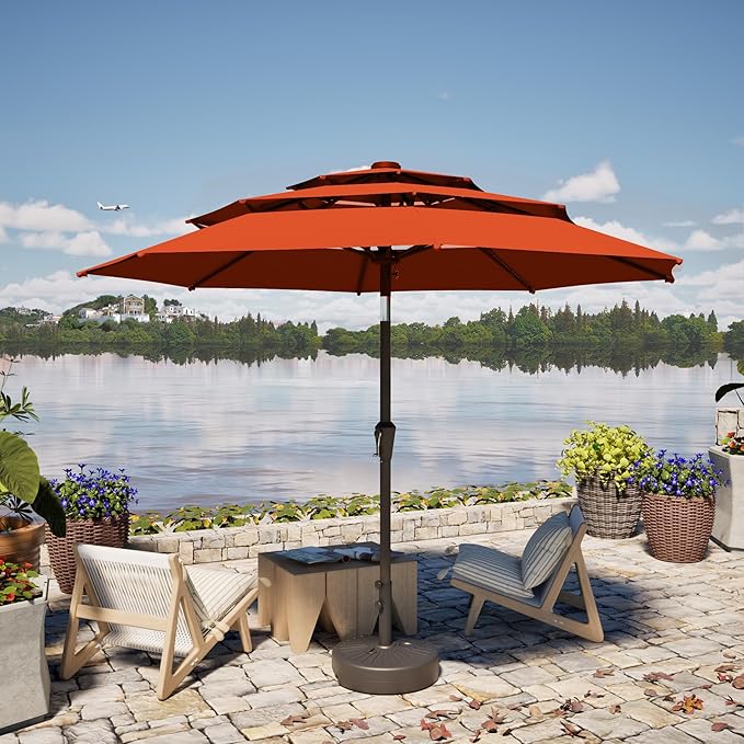 PatioKingdom 9ft 3-Tier Patio Market Umbrella with Crank/Tilt, Commercial Heavy Duty Wind Proof,Outdoor Table Umbrella with 8 Fiberglass Ribs,UPF50+ for Deck,Pool,Garden,Backyard (Orange)