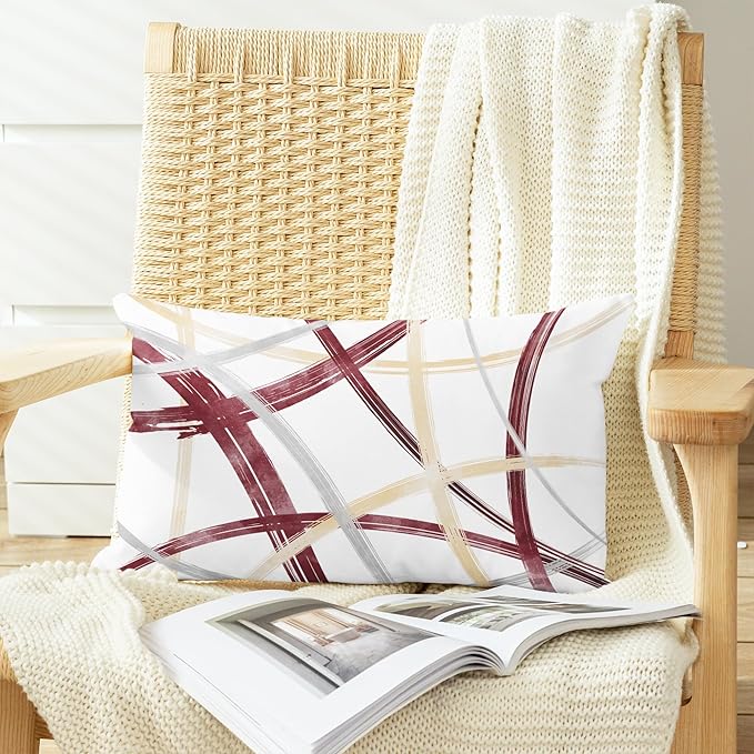 CaliTime Throw Pillow Cases Pack of 2 Cozy Fleece Arc-Shaped Abstract Geometric Lines Decorative Cushion Covers for Couch Bed Sofa Farmhouse Decoration 12 X 20 Inches Burgundy Dusty Pink Grey