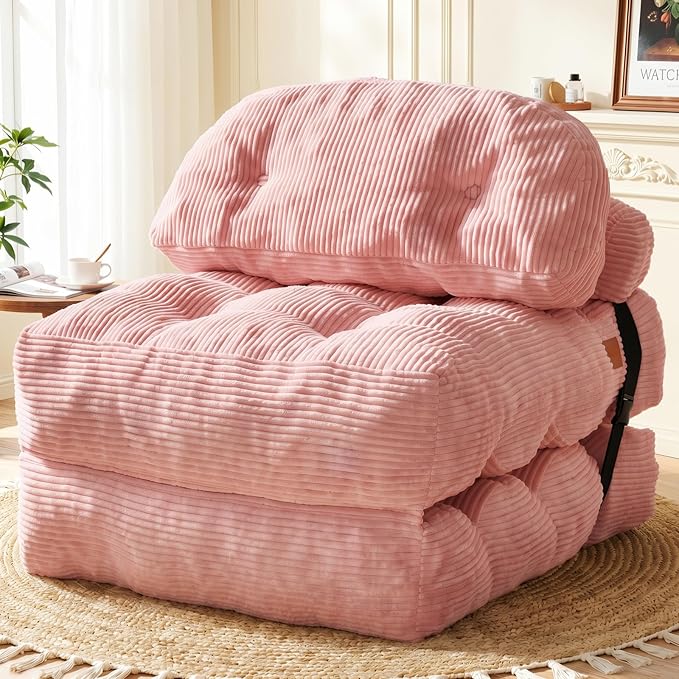 Folding Sofa Bed, Convertible Sleeper Chair with Back Support and Pillow Futon,Boneless Foldable Couch for Living Room/Guest Use/Home Office, Foldable Chair Bed for Adults, Pink