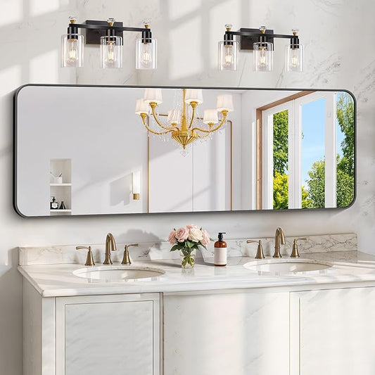 KOCUUY Black Bathroom Mirror 60"x20", Large Vanity Mirror with Rounded Corner, Metal Black Frame with Mordern Design for Bathroom, Living Room, Entryway, Hang Horizontal/Vertical