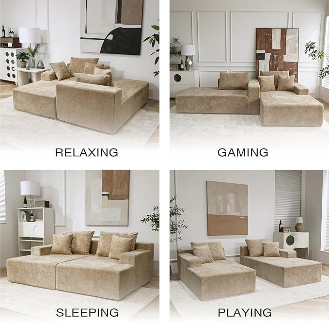 Sytopia Loveseat Chaise Lounge with Armrests, Oversized Sofa Bed with 4 Pillows, Cozy Boneless Sleeper, Modular Sectional Couch for Living Room Bedroom, Floor Chair Furniture sala Chenille