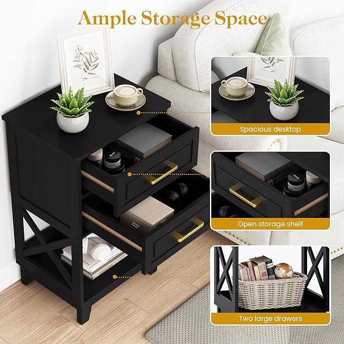 Black Nightstand Set of 2, Tall Side Table with 2 Drawers and Open Shelf, Bedside Table with Solid Feet, Modern End Table for Bedroom, Home Office, Black