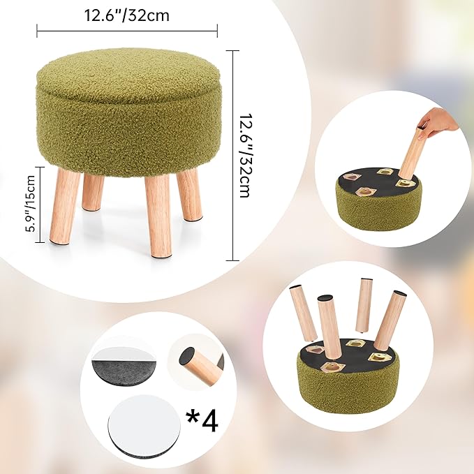 Poofzy Small Ottoman with Storage, Small Foot Stool Ottoman with Wood Legs, Sherpa Foot Rest for Couch, Living Room and Bedroom - Olive Green
