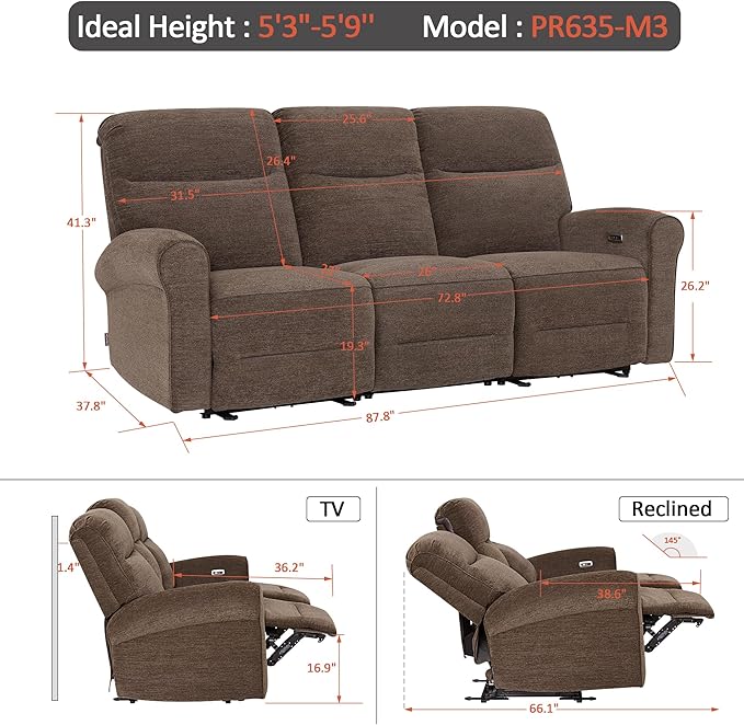 MCombo 87.8" Wall Hugger Power Reclining Sofa with Drop Down Table, 3-Seater Recliner Couch for Small Spaces Living Room RV, USB Ports, Fabric PR635M3 (Dark Brown)