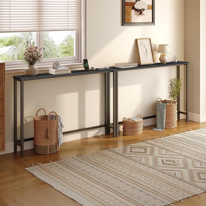 HOOBRO 47.2" Skinny Console Table with Power Outlets, 5.9" Behind Couch Table with Charging Station, Narrow Sofa Table, Long and Thin Table for Entryway, Living Room, Black BB15XG01G1