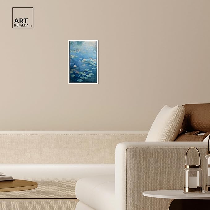 Art Remedy Lilypads In Blues Framed Impressionism 1 Piece Canvas Wall Art/Monet And Van Gogh Inspired Art, 11" x 16", White Frame