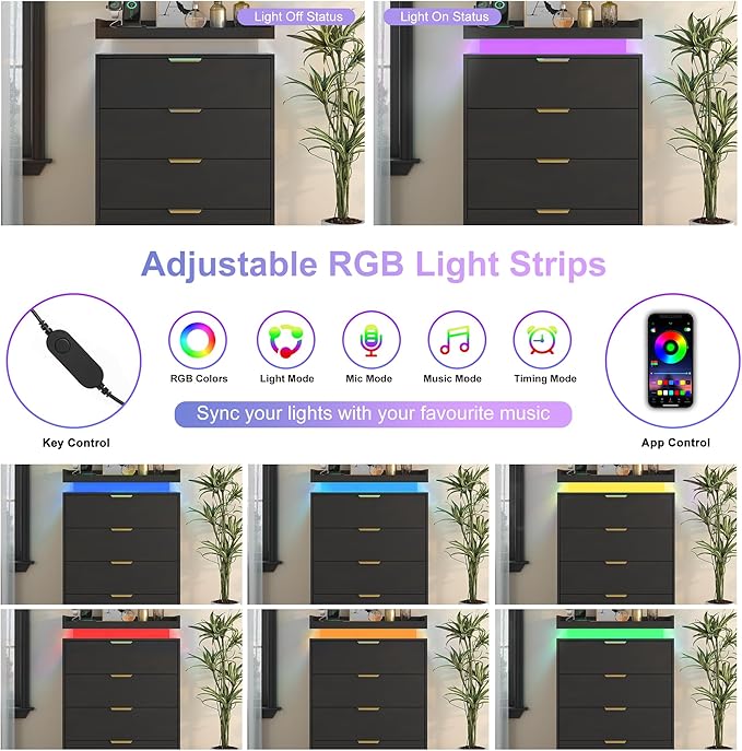 Black Dresser with LED Lights and Power Outlet, Wooden 4 Drawer Dresser Tall Dresser for Bedroom, Modern Chest of Drawers Closet Organizer for Bedroom, Entryway, Hallway