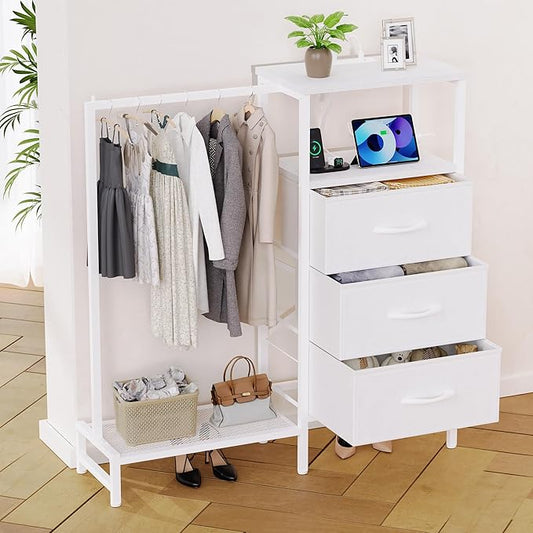 Dresser for Bedroom with Hanging Rack, 3 Drawers Closet with Charging Station, Faric Chest of Drawers with Clothes Rack, Storage Organzier for Hallway Entryway, White
