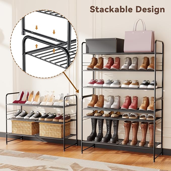 3 Tier Shoe Rack, 32.5" Wide Stackable Sturdy Metal Shoe Shelf Storage Organizer with Height-Adjustable for Entryway, Closet, Black