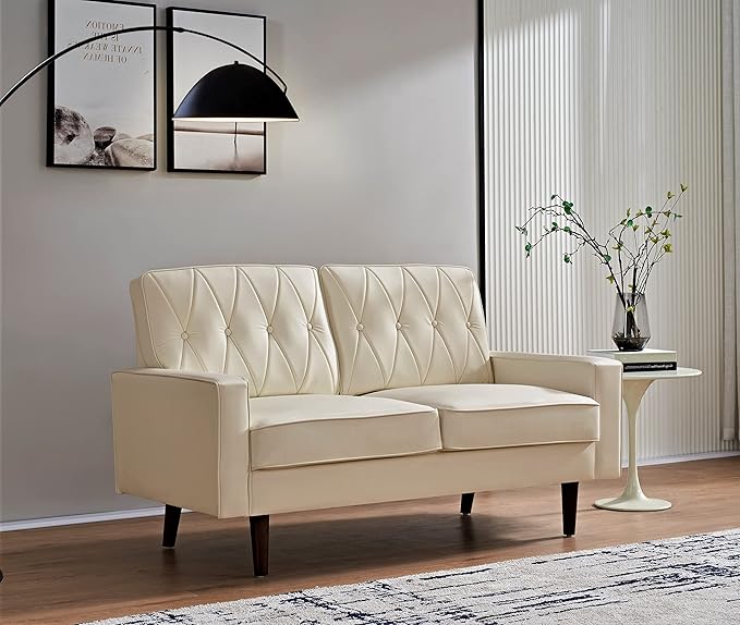 Container Furniture Direct Modern Style Faux Leather Loveseat with Elegant Round Tapered Legs and Button Tufted Backrest Perfect for Living Room, Bedroom or Home Office, 57.5’’ Wide, White