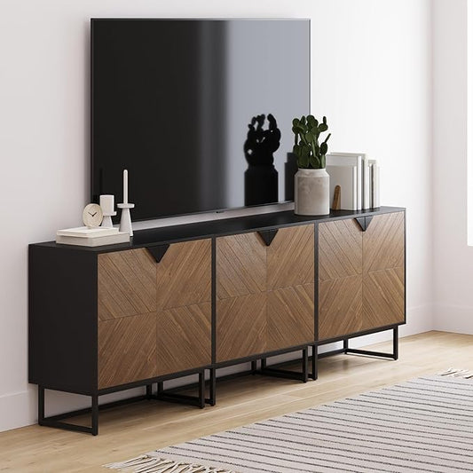 Nathan James Enloe Modern Sideboard Buffet Storage Accent Cabinet TV Stand with Doors in Rustic Pine Wood Finish and Matte Metal Base for Hallway, Kitchen or Living Room, Walnut Brown/Black, Set of 3
