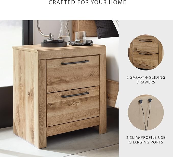 Signature Design by Ashley Hyanna Rustic Contemporary 2 Drawer Nightstand with 2 USB Charging Ports, Wood, 24.37" High, Light Golden Brown Finish