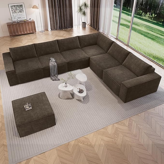 Vesgantti 143.7" Oversized Boneless Couch, Modern 7 Seater Modular Sectional Sofa with Deep Seat, Convertible Chenille Cloud Couches for Living Room, No Assembly Required, Dark Brown