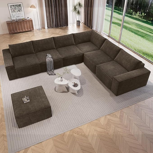 Vesgantti 143.7" Oversized Boneless Couch, Modern 7 Seater Modular Sectional Sofa with Deep Seat, Convertible Chenille Cloud Couches for Living Room, No Assembly Required, Dark Brown