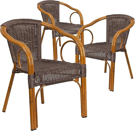 Flash Furniture 3 Pack Cadiz Series Dark Brown Rattan Restaurant Patio Chair with Red Bamboo-Aluminum Frame