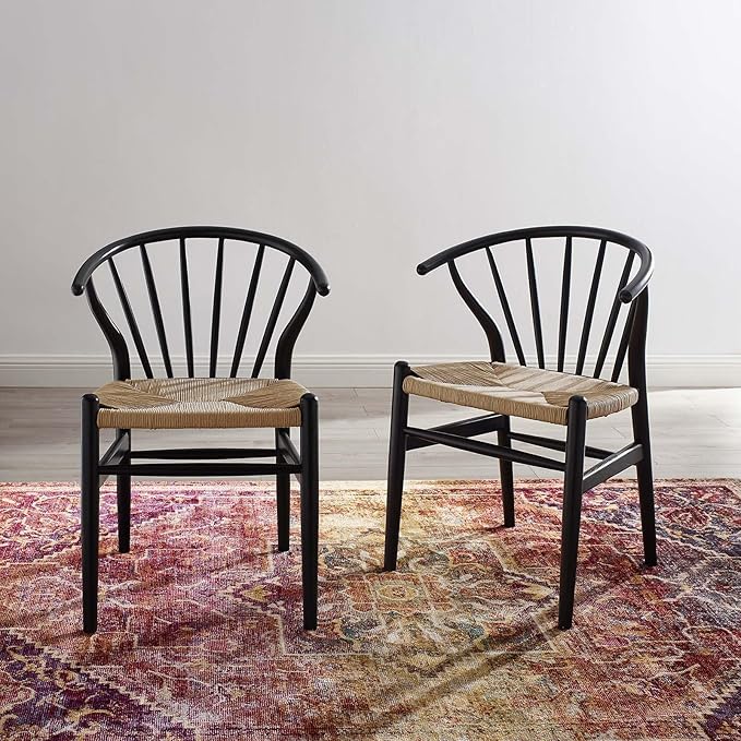 Modway Flourish Mid-Century Modern Rustic Farmhouse Wood Dining Chair Set of 2 in Black
