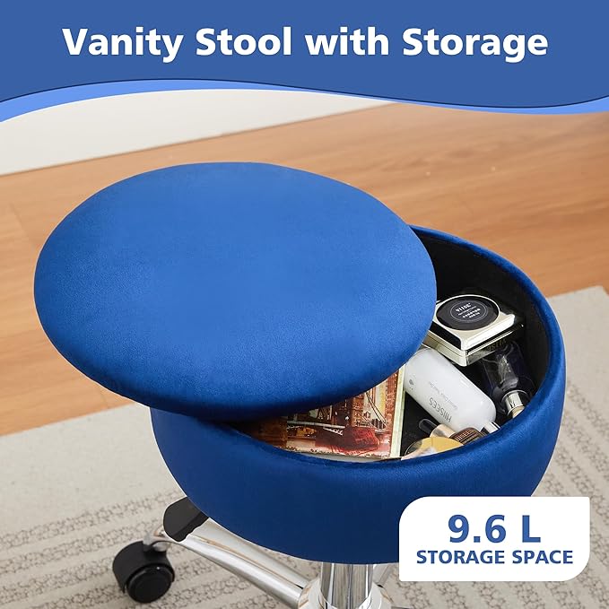 Adjustable Vanity Stool with Storage Rolling Vanity Chair with Wheels Swivel Vanity Stool Chair for Vanity Makeup Stool Blue