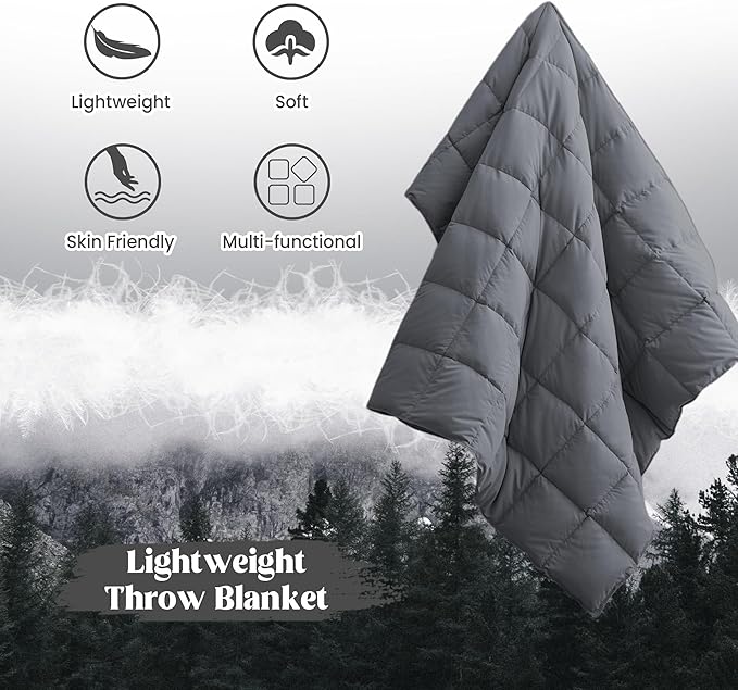 puredown® Soft Feather Down Throw Blanket Lightweight Packable Couch Throw for Indoor and Outdoor Use, Throw 50"X70", Gray, 12oz