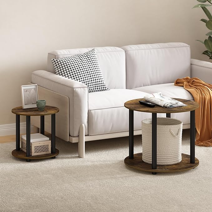 Furinno Turn-N-Tube 2-Tier Round Wooden End Table, Amber Pine