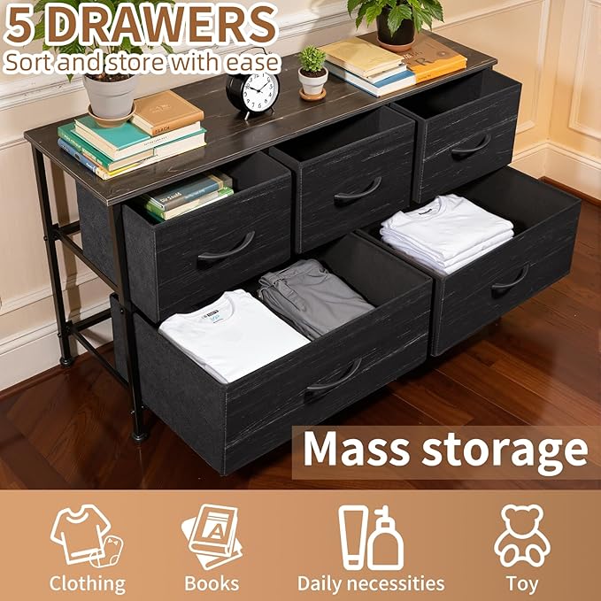 SHAWKEN Dresser for Bedroom with 5 Drawers,Slim Space-Saving Storage Unit with Fabric Bins,Budget-Friendly Organizer for Closet,Hallway,Studio Apartment (Grey Woodgrain)