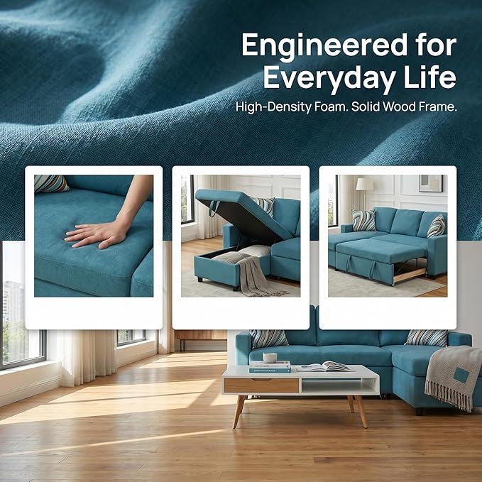 Pull Out Couch, L Shaped Sectional Couch with Pull Out Bed, Convertible Sofa Bed with Storage Chaise, Queen Size Sleeper Sofa, Sofa Bed Couch, Sleeper Sofa with Storage, Blue